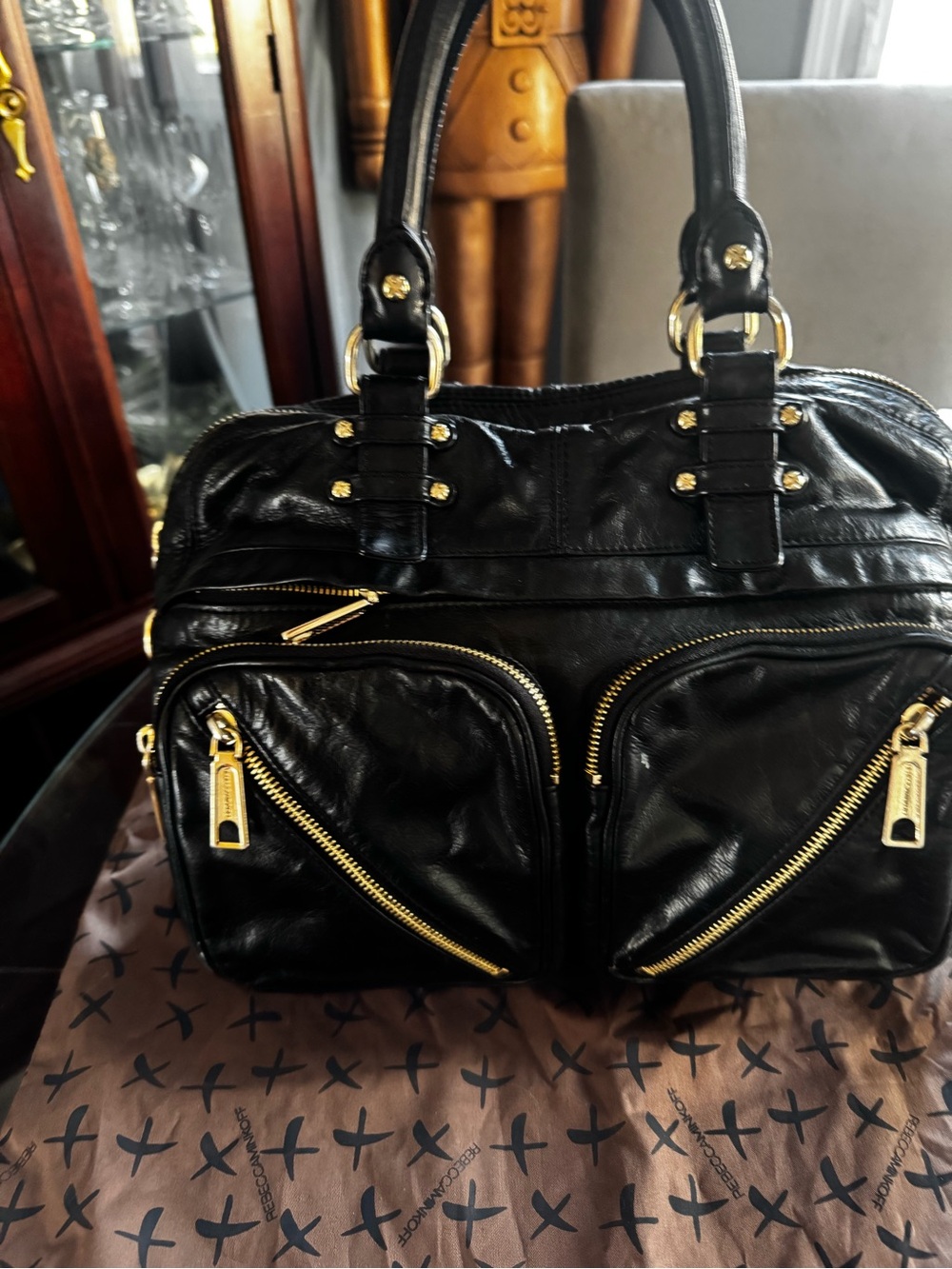 Rebecca Minkoff Black Leather Shoulder Bag with Gold Hardware with dust bag